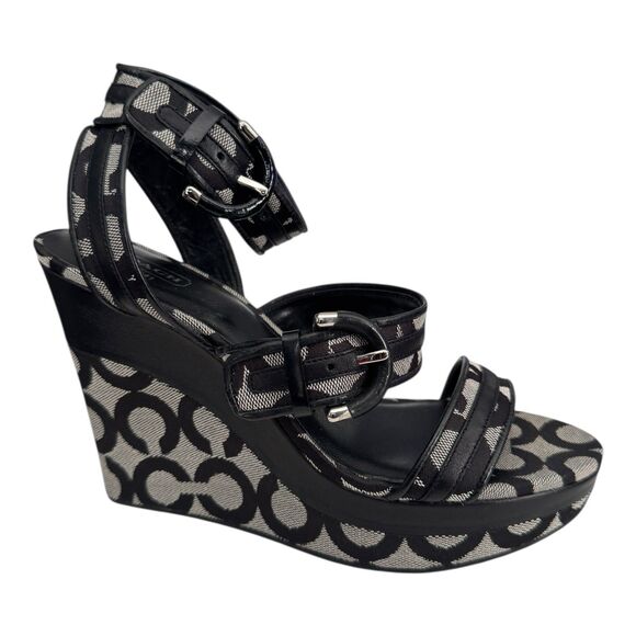 Coach Shoes - Coach Logo Maralee Wedge Jacquard Sandals Women’s 8.5B Black/Gray